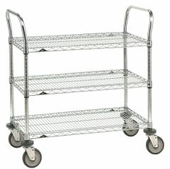 METRO Wire Shelf Utility Cart: 600 lb, 3 Shelf, 36 in L x 18 in W x 39 in H Dim, Silver, Flat (MPN 3SPN33ABR -1PK/25). Key specifications — Shelf Orientation: Flat; Caster/Wheel Configuration: (4) Swivel; Finish: Chrome; Brand: METRO.