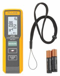 FLUKE Laser Distance Meter: Area Measurement/Continuous Measurement, Inch/Metric, 2 in – 131 ft, AAA (MPN FLUKE 417D). Key specifications — attr938983: Meters; attr938974: Continuous Measurement; attr934751: FLUKE; attr938968: ± 2 mm; attr938977: Red.