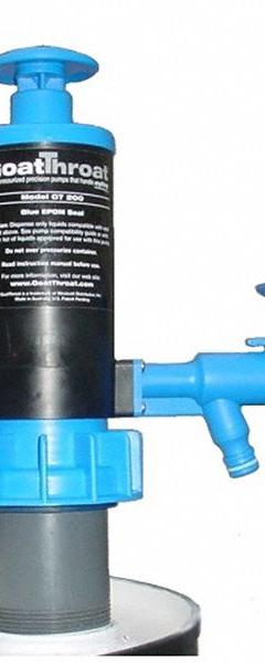 GOATTHROAT PUMPS Hand Pump: Piston Action, Pump with Spout, Polypropylene Housing, 48 oz per stroke (MPN GT200S). Key specifications — Brand: GOATTHROAT PUMPS; Housing Material: Polypropylene; Maximum Flow Rate: 48 oz per stroke; Suction Tube Material: PP; Seal Material: Santoprene.