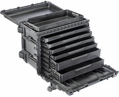PELICAN Rolling Tool Box: 16 in W 25 in D 19 in H, Plastic, Black, Hinged Lid, 7 Compartments (MPN 0450SD6). Key specifications — attr1116905: Black; attr1116917: Hinged; attr1116946: PELICAN.