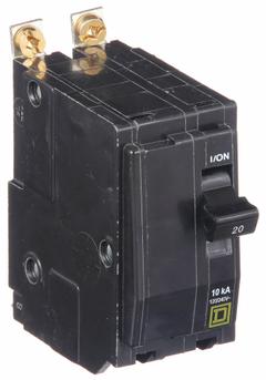 SQUARE D Miniature Circuit Breaker: 20 A, 120/240V AC, Single Phase, 10kA at 120/240V AC, 2 Poles (MPN QOB220HID). Key specifications — Phase: Single; Amps: 20 A; AC Voltage Rating: 120/240V AC; Max. AIR Rating: 10kA at 120/240V AC; For Use With: Square D NQOD Panelboards; Brand: SQUARE D.