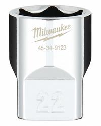 MILWAUKEE Standard Socket: Metric, 1/2 in Drive Size, 22 mm Socket Size, 6-Point, Std, Chrome (MPN 45-34-9123). Key specifications — attr1204417: MILWAUKEE; attr1204392: Chrome.
