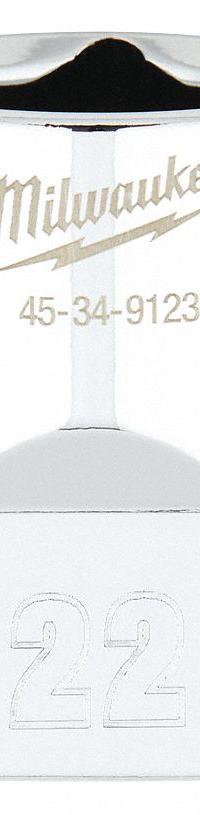 MILWAUKEE Standard Socket: Metric, 1/2 in Drive Size, 22 mm Socket Size, 6-Point, Std, Chrome (MPN 45-34-9123). Key specifications — attr1204417: MILWAUKEE; attr1204392: Chrome.