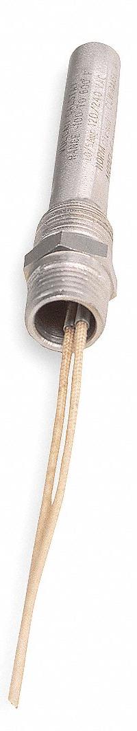VULCAN Cal-Stat Thermostat: Coupling Pipe Thread, Close on Rise, -100° to 600°F, 1/2°F, Adj Screw (MPN 1E2C9). Key specifications — Switch Action: Close on Rise; Temperature Control Range: -100° to 600°F; Temperature Differential: 1/2 °F; Control Type: Adjustable Screw; Brand: VULCAN.