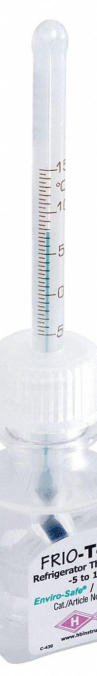 FRIO-TEMP Bottle Thermometer: -130°F to 80°F, +/-2°F, 30 mL Bottle Volume, Glass Beads (MPN B61004-1200). Key specifications — Bottle Fill Medium: Glass Beads; Temperature Units: Fahrenheit; Accuracy: +/-2°F; Brand: FRIO-TEMP.