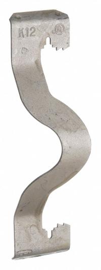 Cable Conduit Clip Hanger: 1/2 in_3/4 in Trade Size, 1/8 in to 1/2 in, 1/4"/3/16" Threaded Rod Size (MPN K12). Key specifications — Manufacturer Part Number: K12; Compatible Conduit Trade Size: 1/2 in; 3/4 in; Compatible Pipe Size: 1/2 in; 3/4 in; 1 in; Flange Thickness: 1/8 in to 1/2 in; Steel Thickness: 0.945 in.