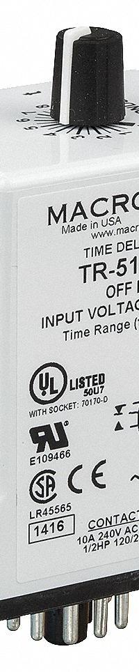MACROMATIC Single Function Time Delay Relay: Socket Mounted, 24V AC/DC, 10 A, 11 Pins/Terminals (MPN TR-51628-12). Key specifications — Brand: MACROMATIC.
