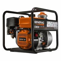GENERAC Engine Driven Pump: 2 in MNPT, 2 in MNPT, 0 in Max. Dia. Solids, 108 ft Max. Head, Semi-Open (MPN CW20K). Key specifications — Volute Material: Cast Iron; Ignition Type: Recoil-Start; Brand: GENERAC; Kit Components: Strainer.