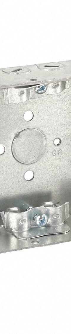 RACO Electrical Box: Steel, Steel - 4" x 4" Square Box Material & Nominal Size, Square, 2 Gangs, FS (MPN 223). Key specifications — Brand: RACO; Bracket Style: Stud Side, Raised w/Spurs; Clamp Style: NMSC.