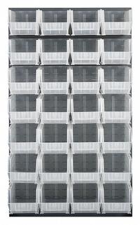 QUANTUM STORAGE SYSTEMS Louvered Panel: 61 in x 36 in x 1 in, 1 Sides, 28 Bins, Gray (MPN QLP-3661-240-28CL). Key specifications — Bin Style: Hang and Stack; Color: Gray; Bin Color: Clear; Finish: Powder Coated; Brand: QUANTUM STORAGE SYSTEMS.