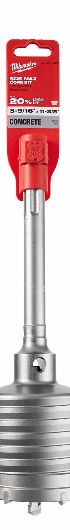 MILWAUKEE SDS-MAX Core Bit: SDS Max Shank, 3 9/16 in Core Dia, 3 in Core Body Lg (MPN 48-20-5428). Key specifications — attr253668: 3.5625 in; attr253671: No; attr253680: Dry; attr277142: MILWAUKEE.