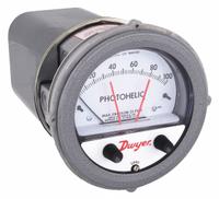 DWYER Differential Pressure Gauge & Switch: Single-Side, 1/8 in NPT Female, ±2% Gauge Accuracy (MPN A3100). Key specifications — Sensor Type: Diaphragm; Series: A3000 Photohelic; Housing Material: Die Cast Aluminum; Certificate of Calibration: Not Included; Gauge Accuracy: ±2%.