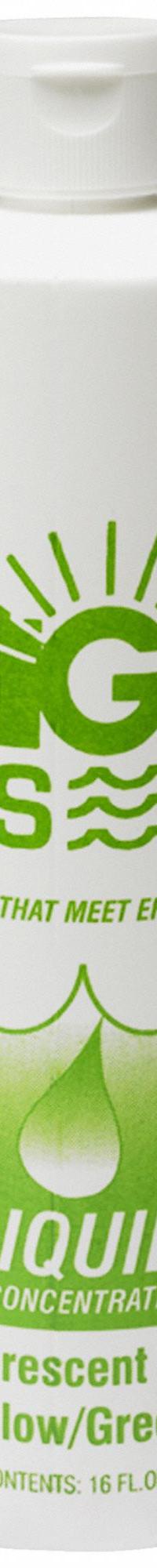 BRIGHT DYES Dye Tracer Liquid: Yellow/Green, Water Tracing Dye, Immediate, 1.8 cps Viscosity (MPN 106001-01P 9'S). Key specifications — Brand: BRIGHT DYES; Dissolution Time: Immediate; Color: Green/Yellow; Dye Type: Water Tracing Dye; Coverage: 12,500 gal (Strong Visual), 125,000 gal (Light Visual); Detectability: 100 ppb.