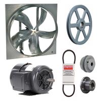 Exhaust Fan with Drive Package: Belt Drive, 24 in Blade, 1/3 hp, 6,039 cfm, 230/460V AC, 3 ph (MPN 7M7W9). Key specifications — Frame Finish: Zinc Plated; Assembled: Unassembled; Brand: DAYTON; Nameplate Voltage: 230/460V AC; Frame Material: Steel; Guard Type: None; Motor Type: 3-Phase; Motor Insulation: Class B.