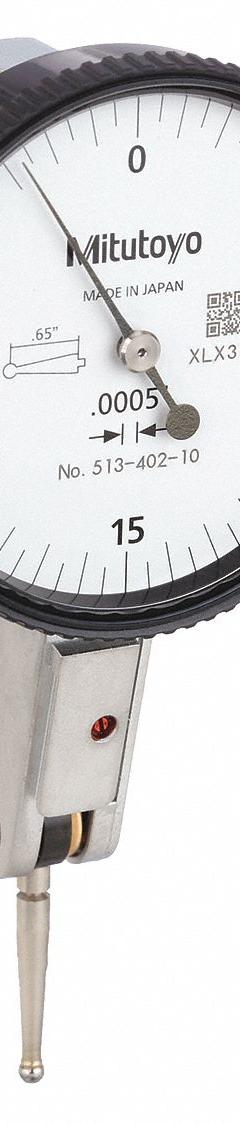 MITUTOYO Horizontal Dial Test Indicator: 0 in to 0.06 in, Horizontal, Inch, +/- 0.0005 in (MPN 513-402-10E). Key specifications — attr1184166: (2) Dovetails; attr1200917: Horizontal Dial Test Indicator; attr1184127: 513-402-10E; attr1184167: MITUTOYO; attr1184108: +/- 0.0005 in; attr1184144: Short Form Certificate of Inspection with NIST Traceability.