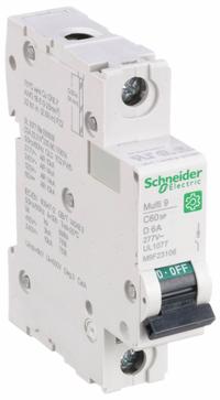 SCHNEIDER IEC Supplementary Protector: 6 A Amps, 60V DC, 14kA at 120/240V AC, Screw Clamp, C60SP, D (MPN M9F23106). Key specifications — Brand: SCHNEIDER; Terminal Connection: Screw Clamp; DC Voltage Rating: 60V DC; Max. AIR Rating: 14kA at 120/240V AC; Series: C60SP; AC Voltage Rating: 240/415V AC; Curve Type: D.