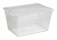 STERILITE Storage Tote: 14.5 gal, 23 in x 16 1/4 in x 12 3/8 in, Clear Body, White Lid, 10 to 20 gal (MPN 42488008). Key specifications — Material: Plastic; Body Color: Clear; Lid Color: White; Brand: STERILITE.