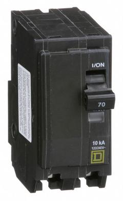 SQUARE D Miniature Circuit Breaker: 70 A, 120/240V AC, Single Phase, 10kA at 120/240V AC, 2 Poles (MPN QO270). Key specifications — Phase: Single; Amps: 70 A; AC Voltage Rating: 120/240V AC; Max. AIR Rating: 10kA at 120/240V AC; For Use With: QO Load Centers and NQ Panelboards; Brand: SQUARE D.