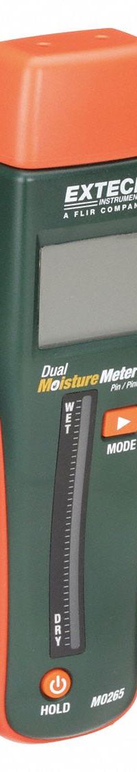 EXTECH Moisture Meter: Digital, LCD with Backlight, Pin/Pinless, Wood, Not Certified (MPN MO265). Key specifications — attr999354: Digital; attr1009284: Impact Pin; attr1009272: Bar Graph Display; attr999347: Wood; attr999350: LCD with Backlight; attr999383: ±5% (of Readings); attr999345: EXTECH.