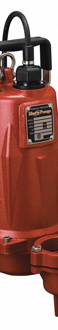 LIBERTY PUMPS Sewage Ejector Pump: Cast Iron, Single Phase, 2 hp, 230V AC, 2 in Max. Dia. Solids (MPN LEH202M2-2). Key specifications — Impeller Material: Cast Iron; Rated Voltage: 230V AC; Hazardous Location Class: Not Rated; Brand: LIBERTY PUMPS; Discharge Orientation: Vertical; Switch: Not Included.