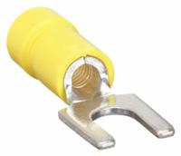 PANDUIT Fork Terminals: Yellow, Vinyl, #8 Stud Size, 14 AWG – 10 AWG Wire Range, Std Fork, 600 V (MPN PV10-8F-L). Key specifications — Barrel Style: Funnel Entry; Manufacturer Part Number: PV10-8F-L; Brand: PANDUIT; Series: CT.