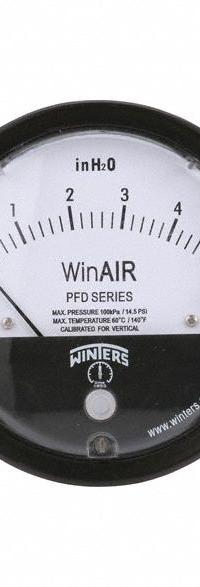 WINTERS Differential Pressure Gauge: Single-Side, 1/8 in NPTF Female, PFD, 4 in Dial, Aluminum, IP67 (MPN PFD40300). Key specifications — Sensor Type: Diaphragm; Series: PFD; Housing Material: Aluminum; Certificate of Calibration: Included.
