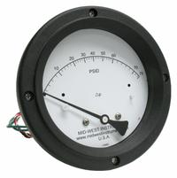 MIDWEST INSTRUMENT Differential Pressure Gauge & Switch: Back, 1/4 in NPT Female, 120, 4 1/2 in Dial (MPN 120AC-00-O-AA-75P). Key specifications — Sensor Type: Piston; Series: 120; Housing Material: Aluminum; Certificate of Calibration: Not Included; Gauge Accuracy: ±3-2-3%.