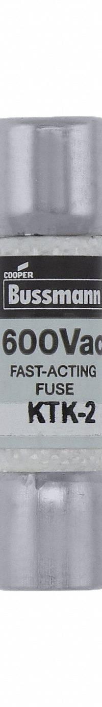 BUSSMANN Fuse: KTK Series, Midget, Fast-Acting, 2 A, 600 V AC, 13/32 in x 1 1/2 in, Non-Indicating (MPN KTK-2). Key specifications — attr1287209: KTK; attr211192: BUSSMANN.