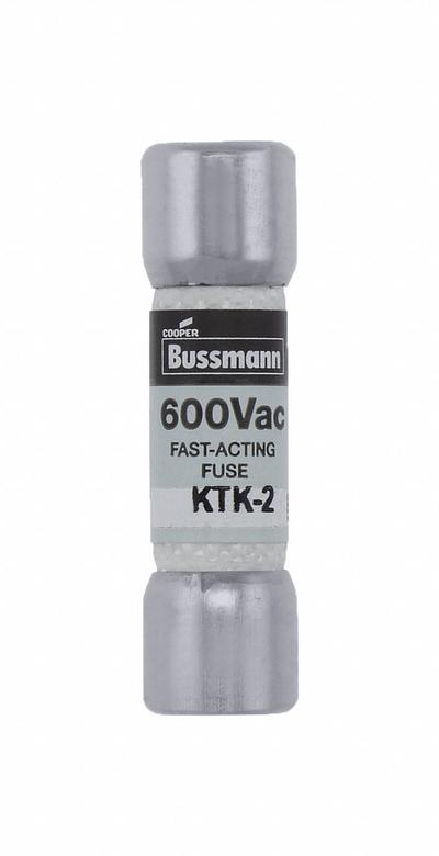 BUSSMANN Fuse: KTK Series, Midget, Fast-Acting, 2 A, 600 V AC, 13/32 in x 1 1/2 in - Fast-Acting Cylindrical Fuses