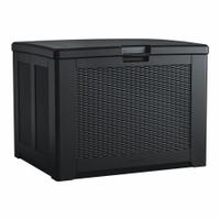 Deck Box: 36 1/2 in W x 33 1/4 in H, 9.9 cu ft, Charcoal, 35 1/2 in L x 32 1/4 in H (MPN 2193948). Key specifications — Brand: RUBBERMAID; Material: Resin; Color: Charcoal.
