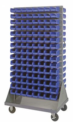 QUANTUM STORAGE SYSTEMS Mobile Louvered Floor Rack: 36 in x 24 in x 72 in, 240 Bins Included, Blue (MPN QMD-36H-220BL). Key specifications — Bin Width: 4-1/8 in; Color: Gray; Caster Wheel/Configuration: (2) Rigid; Caster Wheel/Tread Material: Hard Rubber; Bin Color: Blue; Bin Depth: 7-3/8 in; Bin Height: 3 in; Brand: QUANTUM STORAGE SYSTEMS.
