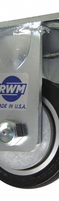 RWM Plate Caster: Rigid, Polyurethane, 8 in Wheel Dia, 2 in Wheel Wd, 10 1/8 in Mounting Ht, Ball (MPN 65-SWE-0820-R-CRN75D). Key specifications — Wheel/Tread Color: Black; Brand: RWM; Roll Up: Rigid.