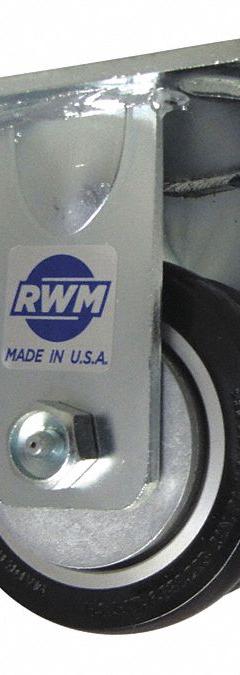 RWM Plate Caster: Rigid, Polyurethane, 8 in Wheel Dia, 2 in Wheel Wd, 10 1/8 in Mounting Ht, Ball (MPN 65-SWE-0820-R-CRN75D). Key specifications — Wheel/Tread Color: Black; Brand: RWM; Roll Up: Rigid.