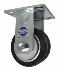 RWM Plate Caster: Rigid, Polyurethane, 8 in Wheel Dia, 2 in Wheel Wd, 10 1/8 in Mounting Ht, Ball (MPN 65-SWE-0820-R-CRN75D). Key specifications — Wheel/Tread Color: Black; Brand: RWM; Roll Up: Rigid.