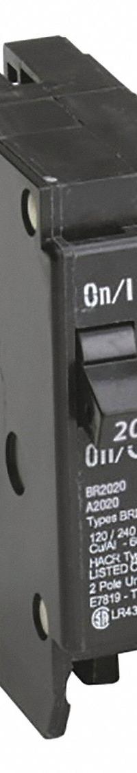 EATON Circuit Breaker: 20 A, 120V AC, Single Phase, 10kA at 120V AC, Type BR Loadcenters, 2 Poles (MPN BR2020). Key specifications — Amps: 20 A; AC Voltage Rating: 120V AC; Phase: Single; Max. AIR Rating: 10kA at 120V AC; Circuit Breaker Type: Tandem; For Use With: Type BR Loadcenters; Brand: EATON.