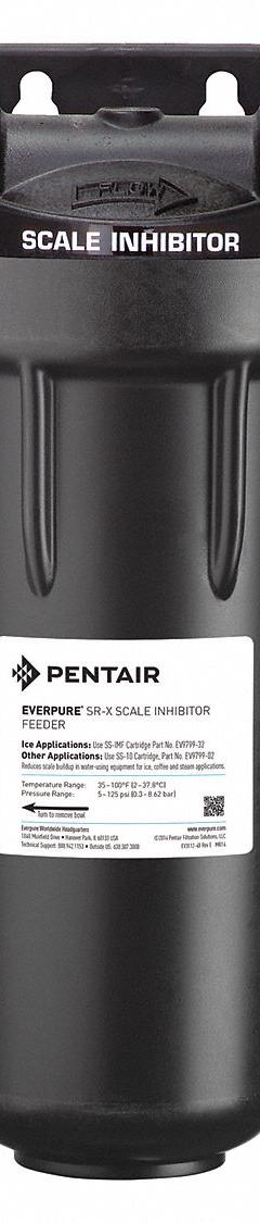 PENTAIR/EVERPURE Inline Water Filter Systems: 0.5 micron, 6 gpm, 12 1/2 in Overall Ht, Scale Reduces (MPN EV979845-75). Key specifications — Filter Media: Hydroblend Polyphosphate; Brand: PENTAIR/EVERPURE; Reduces: Scale.