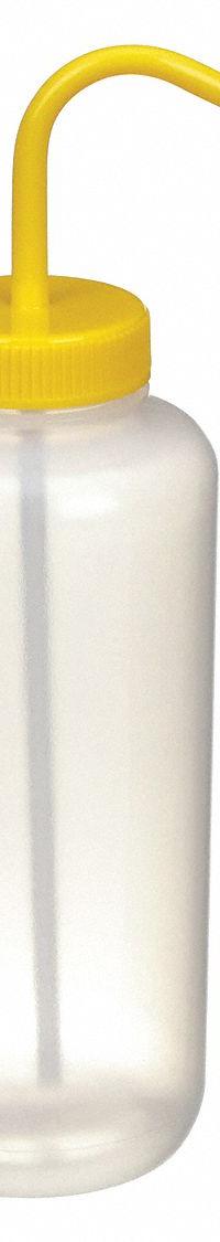 APPROVED VENDOR Wash Bottle: 1 L, No Imprinting, Yellow, Wide, Std Spout Spout, White (MPN 6FAU6). Key specifications — Closure Color: Yellow; Vented/Nonvented: Nonvented; Body Color: White; Brand: APPROVED VENDOR; Imprinting Group: No Imprinting or Write On.