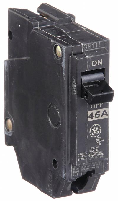 GE Miniature Circuit Breaker: THQL, 45 A, 120/240V AC, Single Phase, 10kA at 120/240V AC - THQP, THQL & THHQL Series, Plug-In GE Miniature Circuit Breakers