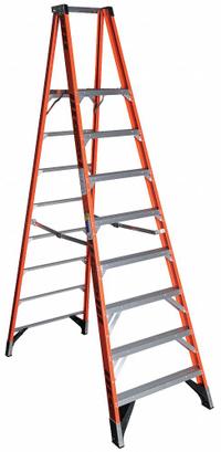 WERNER Platform Stepladder: 8 ft Ladder Size, Fiberglass, 375 lb Load Capacity, 45 lb Wt (MPN P7408). Key specifications — Brand: WERNER; Included Features: Guard Rail.