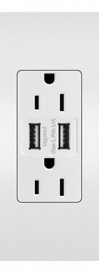 USB Receptacle: Duplex, 5-15R, 2 USB Ports, USB Type A, White, 125V AC, 15 A (MPN TM826USBW). Key specifications — Brand: LEGRAND.