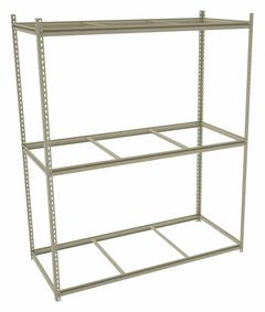 TENNSCO Boltless Shelving: Starter, Medium-Duty, 69 in x 30 in, 84 in Overall Ht, 4 Shelves, Open (MPN ZKMS-693084). Key specifications — Finish: Powder Coated; Maximum Post Load Capacity: 8,000 lb with Beams Evenly Spaced at 24 in; Decking Material: None; Color: Sand; Beam Profile: Z-Beam; Brand: TENNSCO; Side Panel: Open.