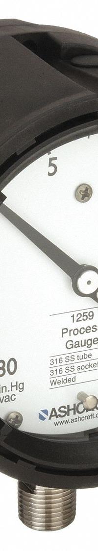 ASHCROFT Process Compound Gauge: 0 psi to 30 psi, White, 4 1/2 in Dial, 1/2 in NPT Male, Bottom, PBT (MPN 451259SD04LV/30#). Key specifications — Brand: ASHCROFT; Pointer Color: Black; Accuracy: ±0.5%; Dial Color: White; Gauge Wetted Parts: Stainless Steel; Case Material: PBT; Vibration Resistance Properties: None; Pressure Range: 0 psi to 30 psi.