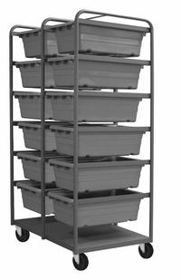 DURHAM MFG Tub Cart: 1,200 lb, 12 Bins/Tubs, Gray, 26 in L x 37 in W x 74 in H, Gray, 2 Usable Sides (MPN TBR-303672-12-5PO-95). Key specifications — Color: Gray; Includes: Support Rails; Caster/Wheel Configuration: (2) Rigid; Bin Color: Gray; Brand: DURHAM MFG.