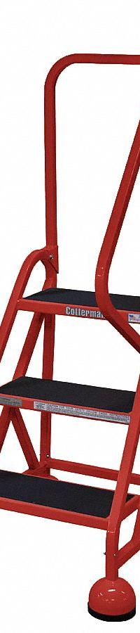 COTTERMAN Rolling Ladder: 2.3 ft Platform Ht, Partially Assembled, Steel, Wt-Actuated Auto-Lock (MPN ST-303 A2 C6 P5). Key specifications — Includes Handrails: Handrails Included; Material: Steel; Brand: COTTERMAN; Color: Red.
