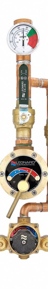 LEONARD VALVE Thermostatic Mixing Valve: 1 in Inlet Connection Size, 1 1/4 in Outlet Connection Size (MPN TM-820B-LF-DT-RF). Key specifications — Includes: Adjustable Limit Stops Set; Brand: LEONARD VALVE.