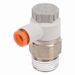 SMC Speed Control Valve: Elbow Fitting, Knob, 3/8 in Valve Body Size, 1/4 in Tube, Meter Out (MPN AS3201F-N03-07SA). Key specifications — attr947203: Brass/PBT; attr947205: SMC.