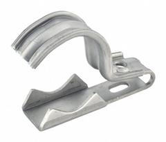 Clamp Back and Straps, Universal One-Piece: 1 1/2 in_1 1/4 in Trade Size, Stainless Steel (MPN UCSS125150). Key specifications — Finish: Stainless Steel; Color: Silver; Compatible Conduit Type: Schedule 40; Material: Stainless Steel; Brand: BRIDGEPORT FITTINGS.