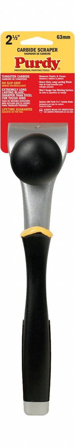 PURDY Scraper: Bld. Mat. Tungsten Carbide, Hdl. Mat. Rubber, Stiff, Straight Bld. Shape (MPN 144900230). Key specifications — attr1004902: PURDY; attr1012057: Full; attr1014703: Rubberized; attr1017570: Standard End; attr1029655: Straight; attr1034073: Straight.