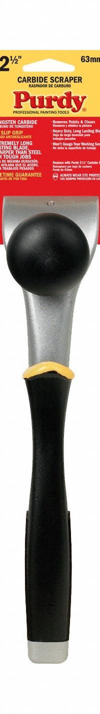 PURDY Scraper: Bld. Mat. Tungsten Carbide, Hdl. Mat. Rubber, Stiff, Straight Bld. Shape (MPN 144900230). Key specifications — attr1004902: PURDY; attr1012057: Full; attr1014703: Rubberized; attr1017570: Standard End; attr1029655: Straight; attr1034073: Straight.