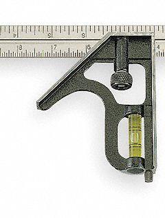 JOHNSON LEVEL Combination Square: Inch, Stainless Steel, 4 3/4 in, 12 in x 0.85 in, 12 in Blade Lg (MPN 400). Key specifications — attr936159: 1/32 in; attr936166: Cast Zinc; attr936169: Scriber; attr934771: JOHNSON LEVEL; attr936157: Printed.